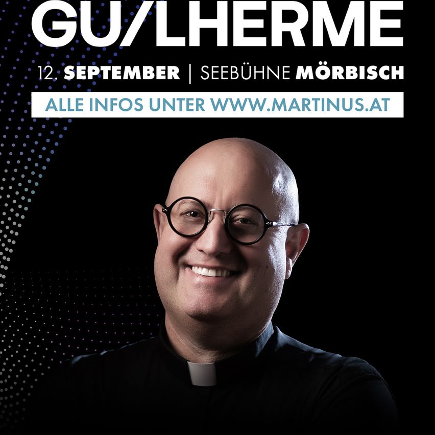 A smiling priest wearing glasses and a black shirt poses for a promotional poster for an event on September 12th at Seebühne Mörbisch.