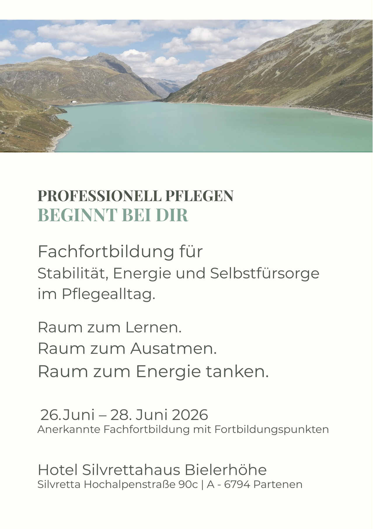 Professional care starts with you. Professional training for stability, energy, and self-care in daily care. Learning, relaxation, and energy recharging space. June 26-28, 2026. Recognized professional training with continuing education credits.