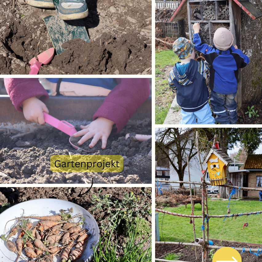 Images show gardening activities with children, including digging, planting, and harvesting carrots. One image features a child planting in a raised bed.