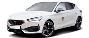 Ein weißer Wagen mit schwarzen Details wird auf weißem Hintergrund gezeigt. Auf der Tür steht das Logo 'MYHOMEPHYSIO'.