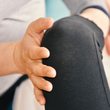Eine Person in schwarzen Leggings hält ihr Knie mit einer Hand, wahrscheinlich in einer medizinischen Umgebung. Die Hand liegt auf der Kniescheibe, wobei die Finger sanft drücken.