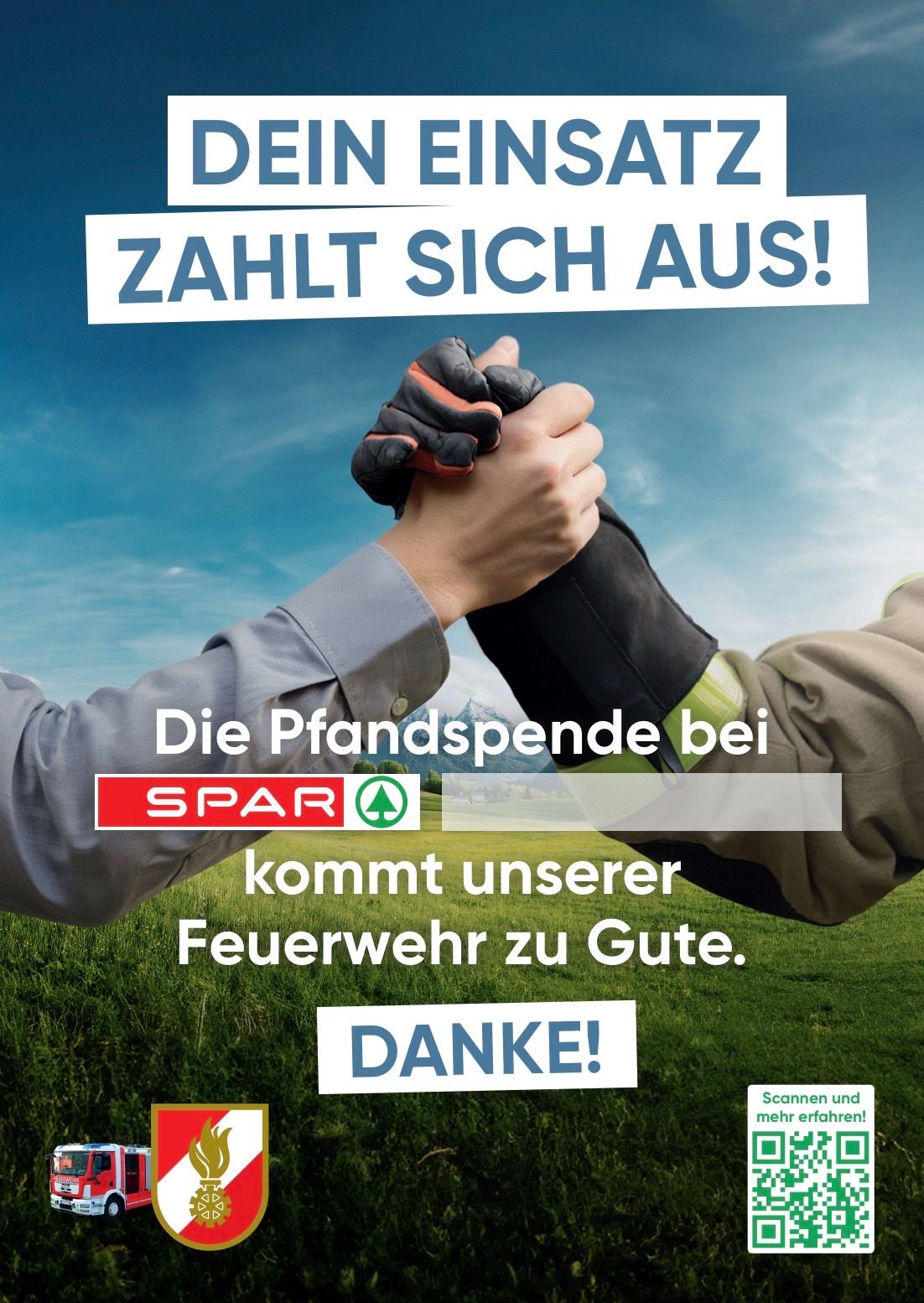 Ein Poster zeigt zwei Hände, die sich über einem grünen Feld mit Bergen im Hintergrund schütteln. Der Titel lautet 'ZAHLT SICH AUS!'. Der Text darunter handelt von den Einsparungen bei Spar, und unten steht 'DANKE!'.