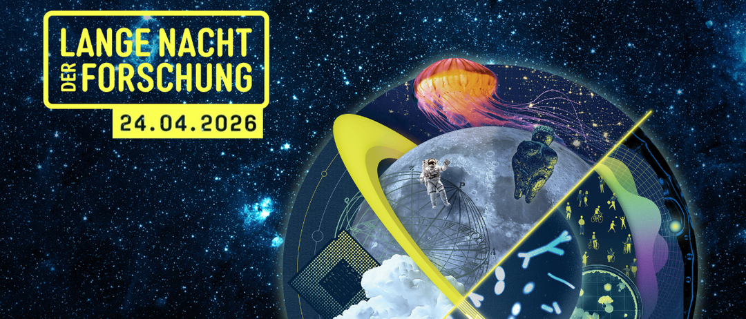 Illustration mit verschiedenen kosmischen und wissenschaftlichen Elementen wie einem Raumfahrer, einer Qualle, dem Mond und Planeten. Es hat das Datum 4. April 2026 und den Titel 'Die Nacht der Forschung'.