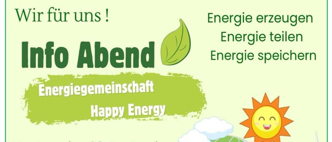 Plakat über eine Energiegemeinschaftsveranstaltung. Es lädt zu einer kostenlosen Abendveranstaltung am 29. September ein. Kontaktinformationen sind angegeben. Illustration einer Hand, die die Erde mit Solarpanelen hält.