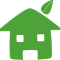 Illustration eines grünen Hauses mit einem Blatt auf dem Dach, zwei Fenstern und einer Tür auf schwarzem Hintergrund.