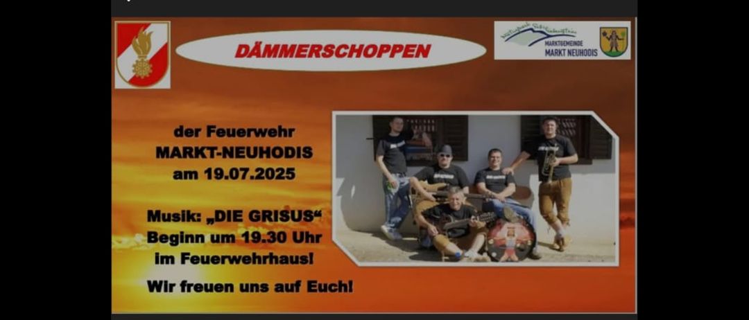 Ein Plakat für Dämmerschoppen mit einer Gruppe von Musikern. Das Datum ist 19.07.2025 und die Zeit ist 19:30. Der Text ist teilweise auf Deutsch.