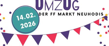 Poster for Faschingsumzug, a carnival event on 14.02.2026. Meeting point at 13:30 at FF-Haus, parade starts at 14:00. Ends with a Faschingsausklang at the fire station.