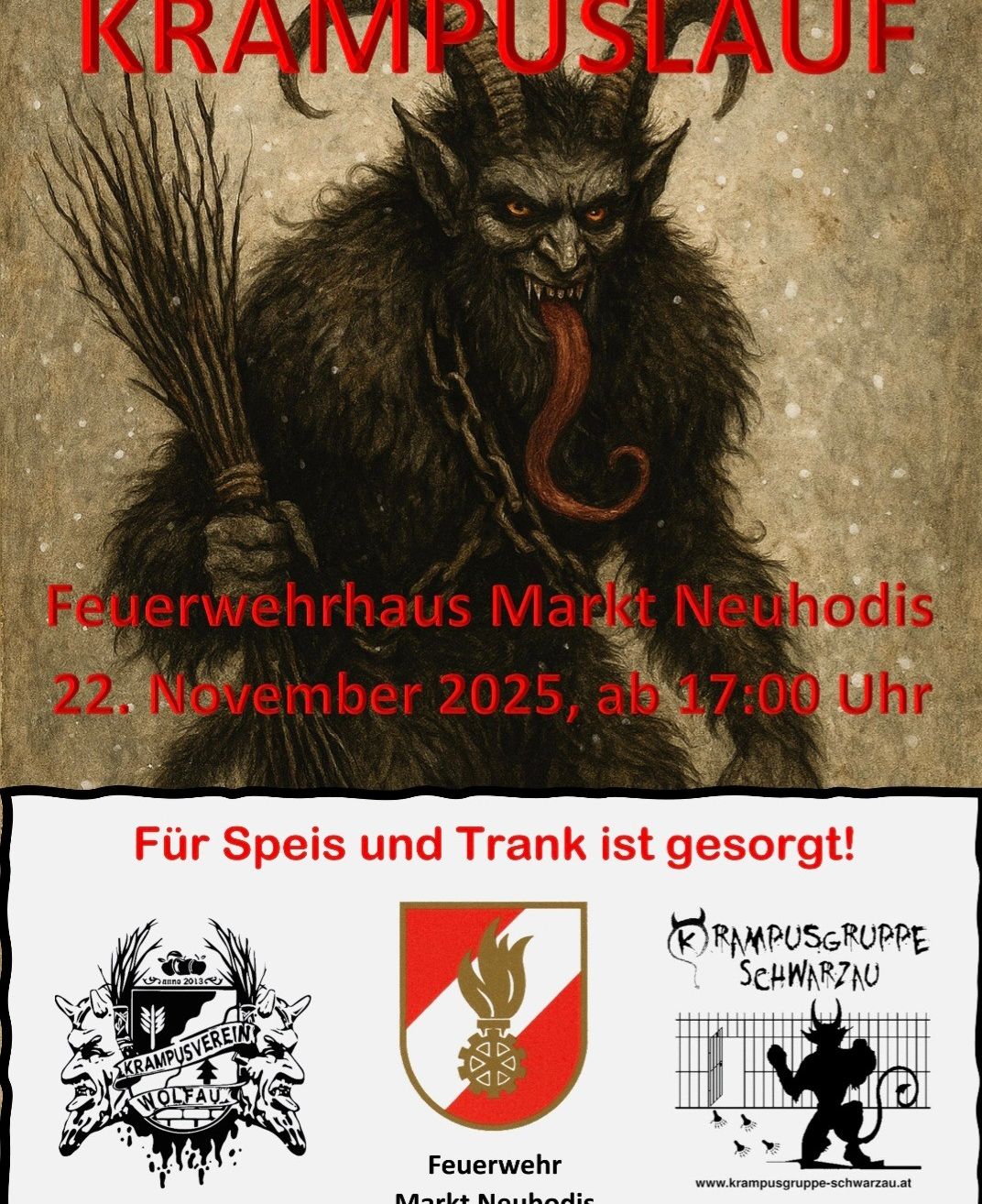Plakat mit einer gruseligen Kreatur, die einen Besen hält, vor einem verschneiten Hintergrund. Veranstaltungsdetails: 'Feuerwehrhaus Markt Neuhodis' am 22. November 2025 um 17:00 Uhr. Zusätzliche Logos und Text in Deutsch.