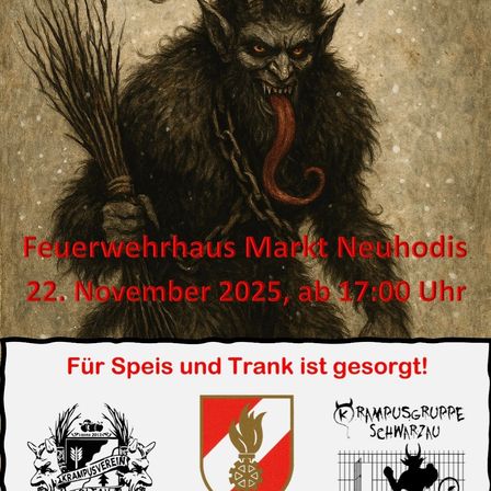 Plakat mit einer gruseligen Kreatur, die einen Besen hält, vor einem verschneiten Hintergrund. Veranstaltungsdetails: 'Feuerwehrhaus Markt Neuhodis' am 22. November 2025 um 17:00 Uhr. Zusätzliche Logos und Text in Deutsch.