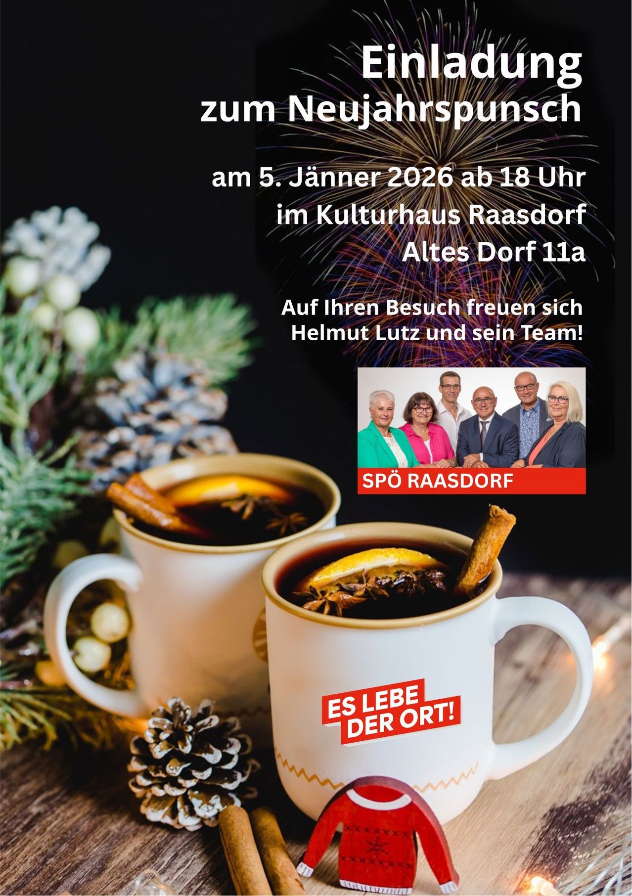Plakat für eine Veranstaltung im Kulturhaus Raasdorf am 5. Januar 2026 ab 18 Uhr. Die Veranstaltung zeigt zwei Tassen mit Gewürztee mit Zimt und Nelken. Helmut Lutz und sein Team freuen sich auf Ihren Besuch.