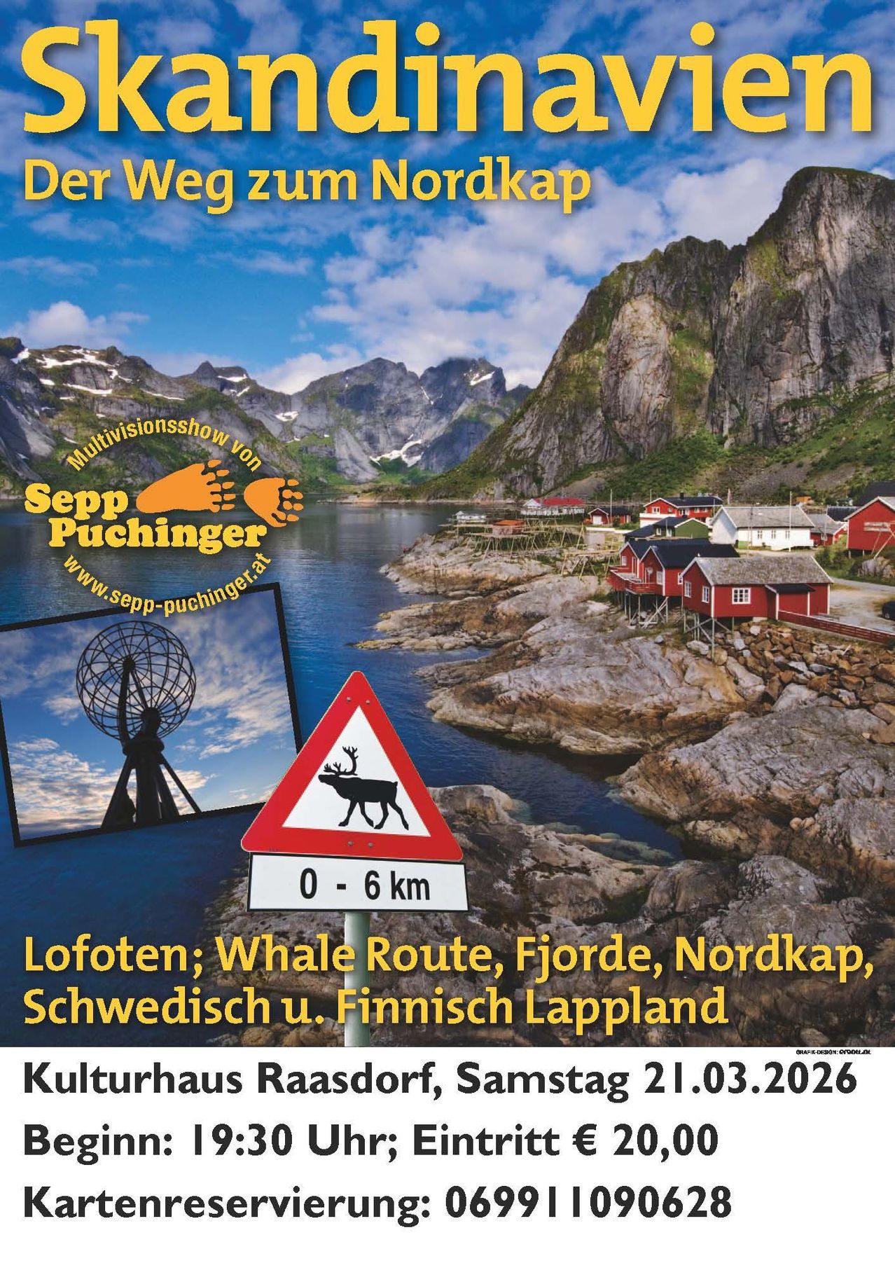 Werbeplakat für eine Reisesendung mit landschaftlichen Ansichten von Lofoten, zeigt ein Schild mit einem Rentier, Bergen und roten Häusern am Wasser. Die Sendung handelt von Walrouten, Fjorden und dem Nordkap.