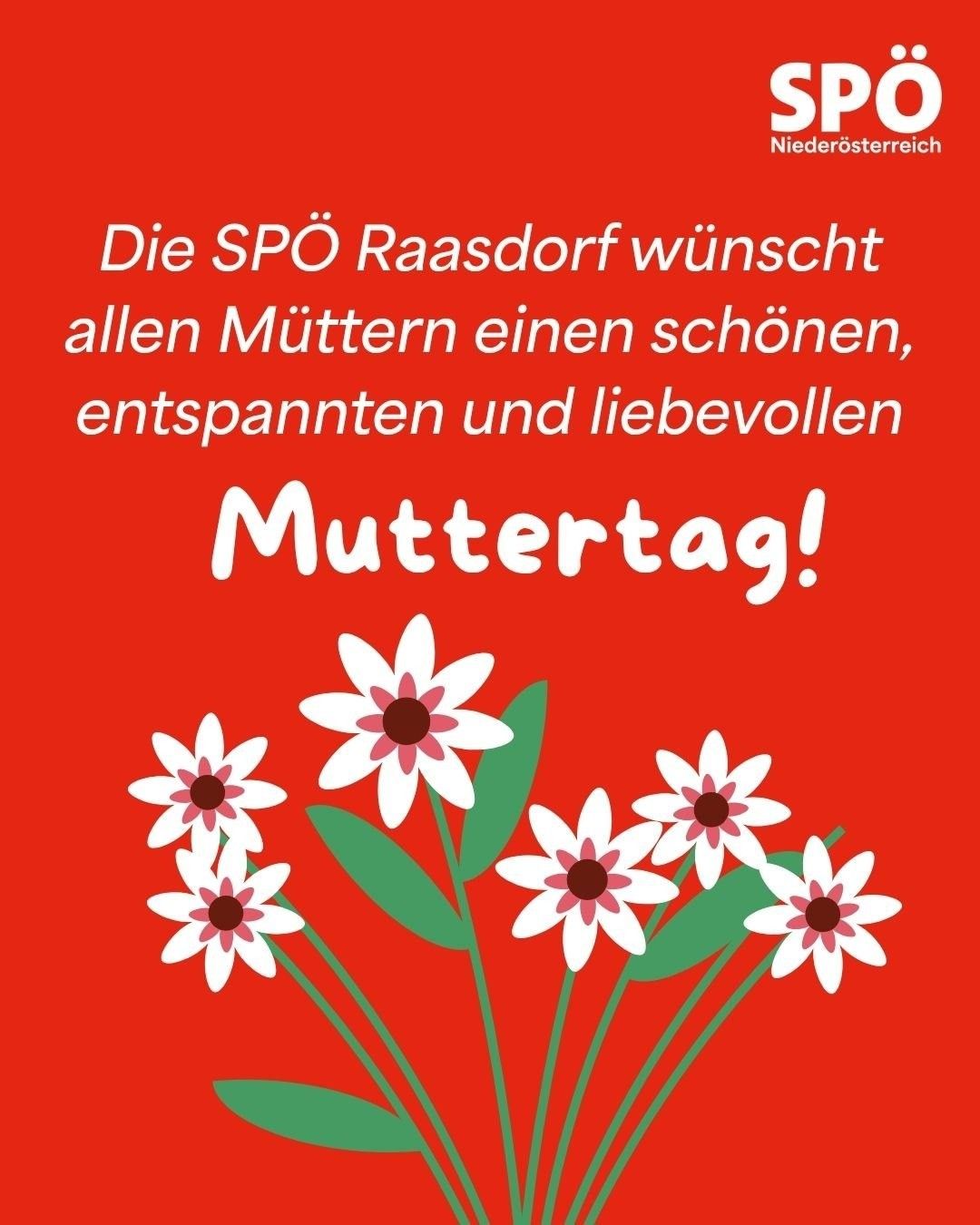 A poster from the SPO Raasdorf wishes all mothers a beautiful, relaxing and loving Mother's Day with white flowers on a red background.