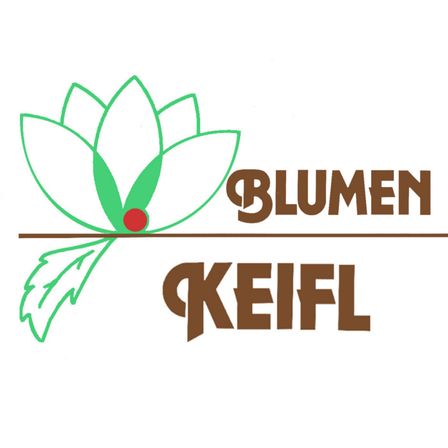 Das Logo zeigt eine weisse Blume mit grünen Blättern und einem roten Punkt in der Mitte, mit dem Text 'BLUMEN KEIFL' in brauner Schrift.