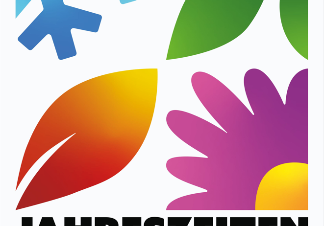Ein buntes Plakat zeigt einen Schneeflocke, ein Blatt und eine Blume. Der Text lautet 'JAHRESZEITEN KONZERT', was auf ein saisonales Konzert-Event hinweist.