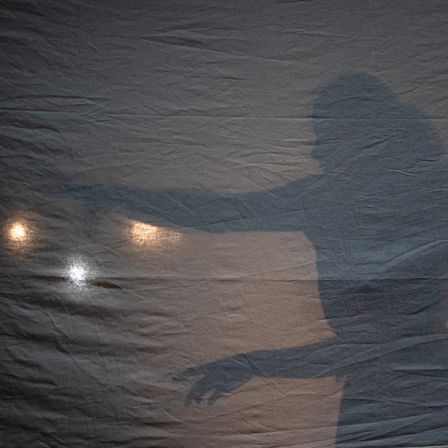 Eine Silhouette einer Person wird gegen einen hellgrauen Hintergrund geworfen. Die Figur scheint mit einem Arm nach vorne zu greifen, während der andere leicht gebeugt ist. Die Lichtquelle befindet sich oberhalb und links.