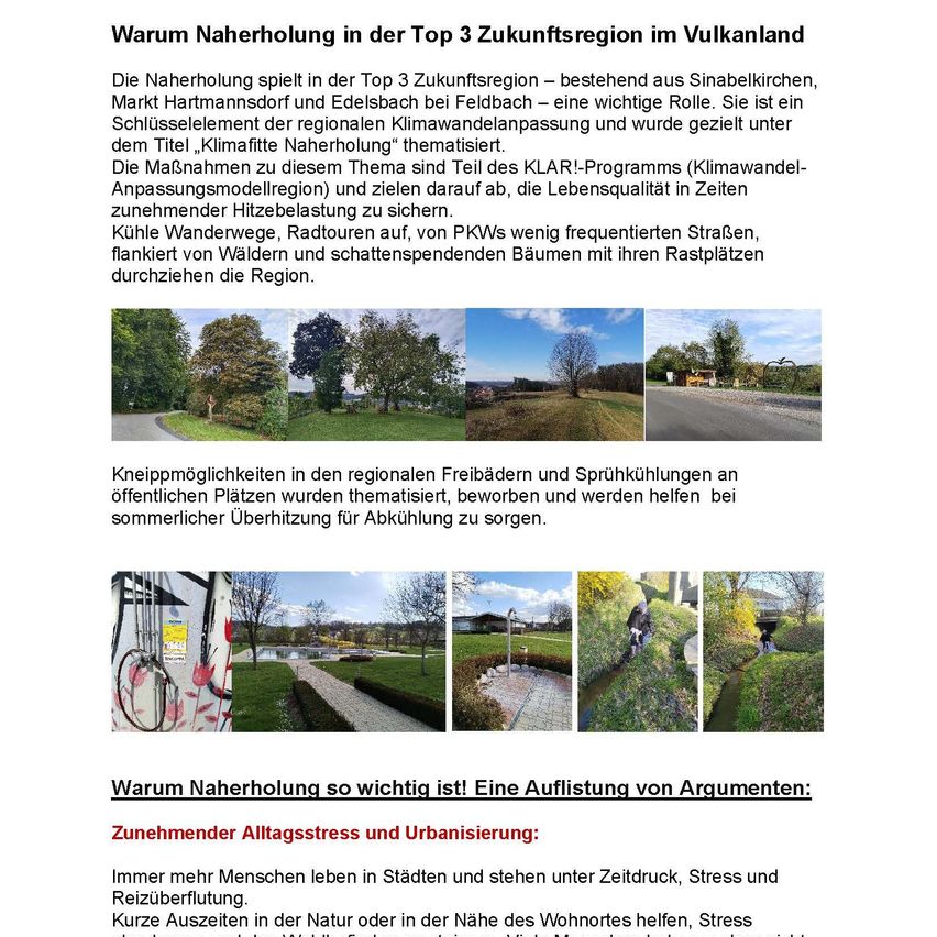 Das Bild zeigt ein Dokument, das die Bedeutung der städtischen Begrünung in den Top 3 Zukunftsregionen im Vulkanland erörtert. Die Regionen umfassen Sinabelkirchen, Markt Hartmannsdorf und Edelsbach bei Feldbach. Städtische Begrünung ist wichtig, da sie den regionalen Klimawandel reduziert und Teil des 'Klimafitte Nachbarholung'-Programms ist. Maßnahmen umfassen Klimaanpassungsmodelle, verstärktes Baumpflanzen und natürliche Elemente in städtischen Gebieten.