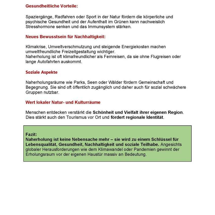 Das Bild behandelt gesundheitliche Vorteile der Natur, Klimabewusstsein, soziale Aspekte der Nähe zur Natur und den Wert lokaler Natur- und Kulturräume. Es wird hervorgehoben, dass Aktivitäten in der Natur die körperliche und geistige Gesundheit verbessern und Stresshormone reduzieren. Klimawandelbewusstsein und Umweltschutz werden betont. Die Nähe zur Natur ist für die soziale Integration vorteilhaft. Lokale Naturräume fördern den Tourismus und die regionale Identität.