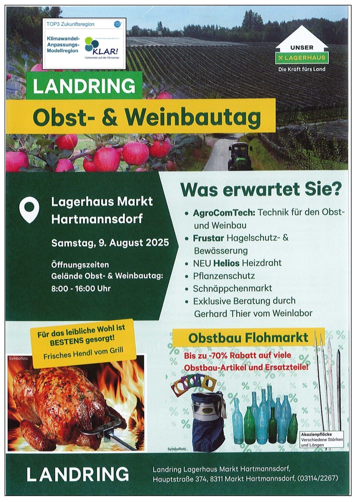 Werbeplakat für den Obst- & Weinbautag im Lagerhaus Markt Hartmannsdorf am 9. August 2025. Mit AgroComTech, Hagelschutz, Bewässerung und Schnäppchenmarkt. Rabatte auf Obstbauartikel und Ersatzteile. Bild von gegrilltem Huhn.
