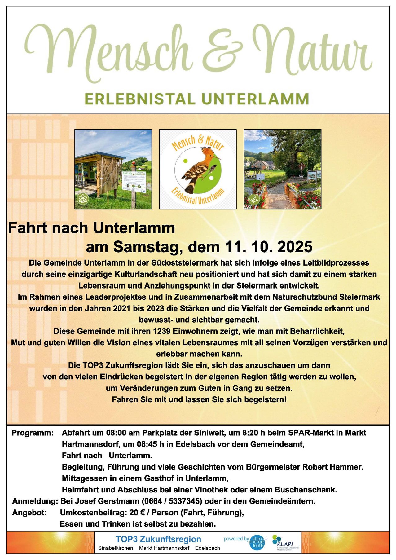 Plakat für die Veranstaltung 'Erlebnistal Unterlamm', geplant für den 11. Oktober 2025. Höhepunkte sind geführte Touren, Geschichten vom Bürgermeister Robert Hammer und eine Reise durch die einzigartige Kulturlandschaft von Unterlamm.