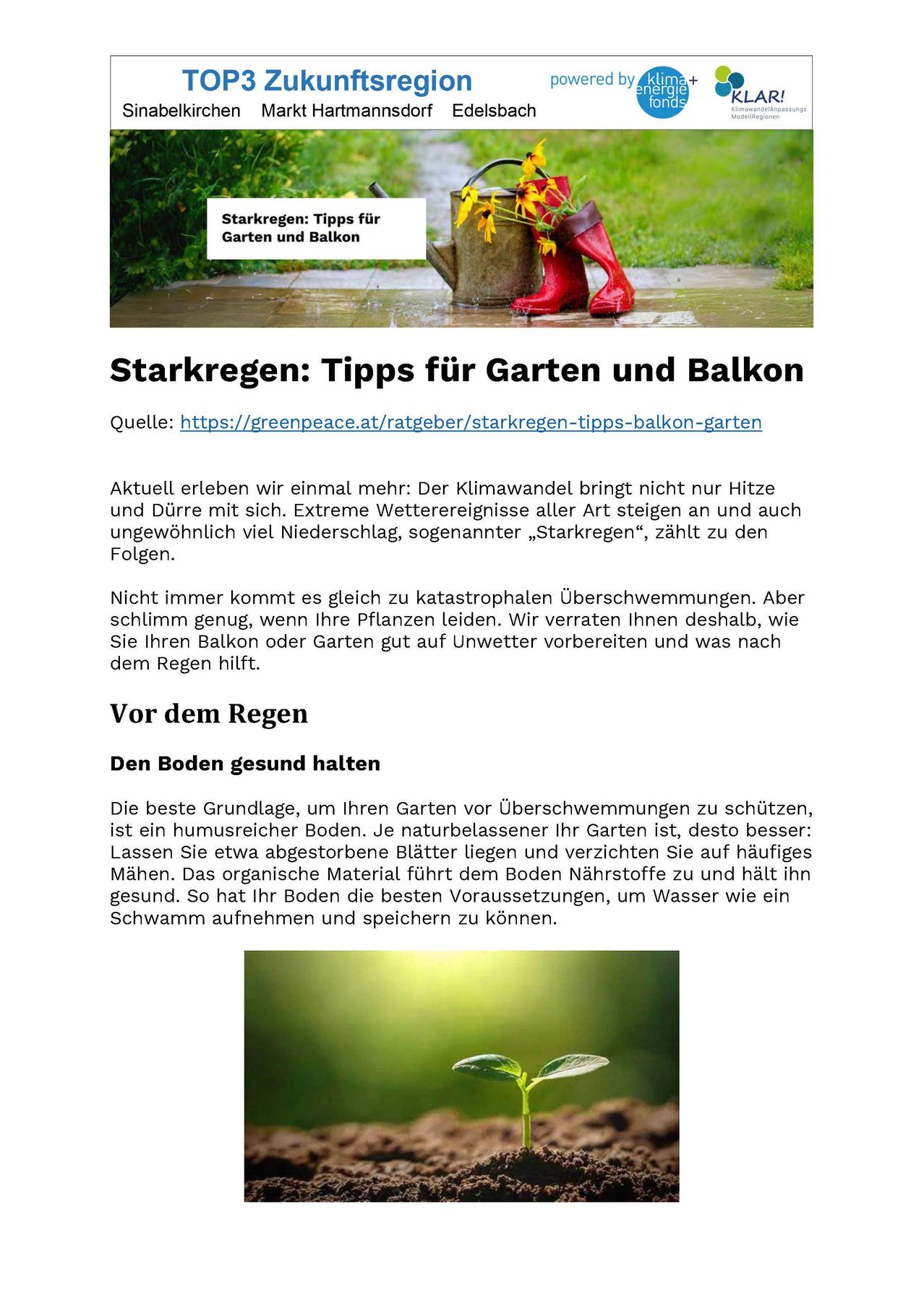 Ein Bild mit starkem Regen und roten Stiefeln, mit einem Titel auf Deutsch 'Starkregen: Tipps für Garten und Balkon.' Der Link zur Quelle wird bereitgestellt. Der Text gibt Ratschläge zum Schutz von Gärten und Balkonen vor extremem Wetter, einschließlich starkem Regen und Überschwemmungen.