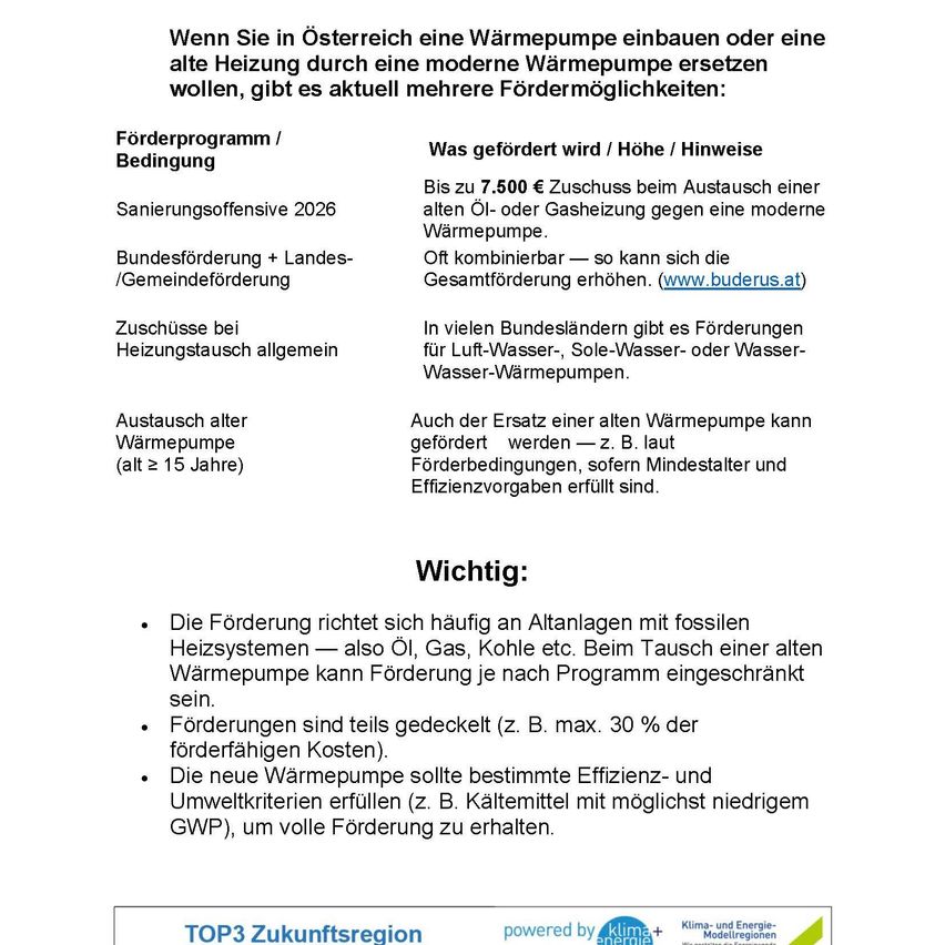 Das Bild bietet Informationen über Subventionen für den Austausch einer alten Heizung durch eine moderne Wärmepumpe in Österreich. Es enthält Details zu Förderoptionen, Bedingungen und der maximalen Förderung von 7.500 Euro. Es werden auch zusätzliche Förderungen von Bund und Ländern erwähnt. Der Austausch alter Wärmepumpen ist ebenfalls förderfähig. Die neue Wärmepumpe muss bestimmte Effizienz- und Umweltkriterien erfüllen.
