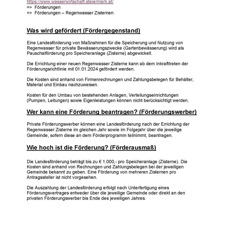 Das Bild zeigt ein Dokument über Förderungen für Regenwasserspeichersysteme, das die Förderkriterien, den Antragsprozess und die Fördergrenzen detailliert beschreibt. Es spezifiziert die Arten von Systemen, die für die Förderung in Frage kommen, den Antragszeitraum und die maximale Förderhöhe. Es umreißt auch die von der Förderung abgedeckten und nicht abgedeckten Kosten.