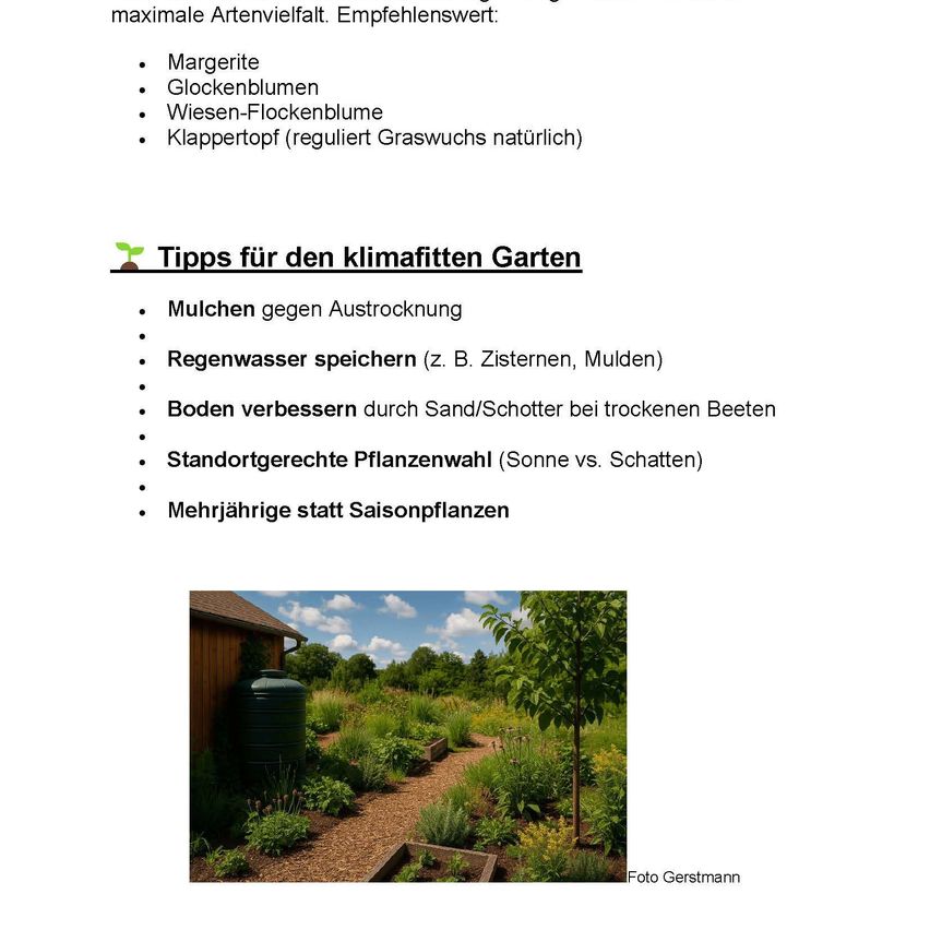 Das Bild zeigt eine Liste von Tipps für einen klimafreundlichen Garten mit einem Bild eines Gartens mit Wassertank und verschiedenen Pflanzen. Tipps umfassen Mulchen, Regenwasserspeicherung, Bodenverbesserung, Pflanzenauswahl und Stauden.