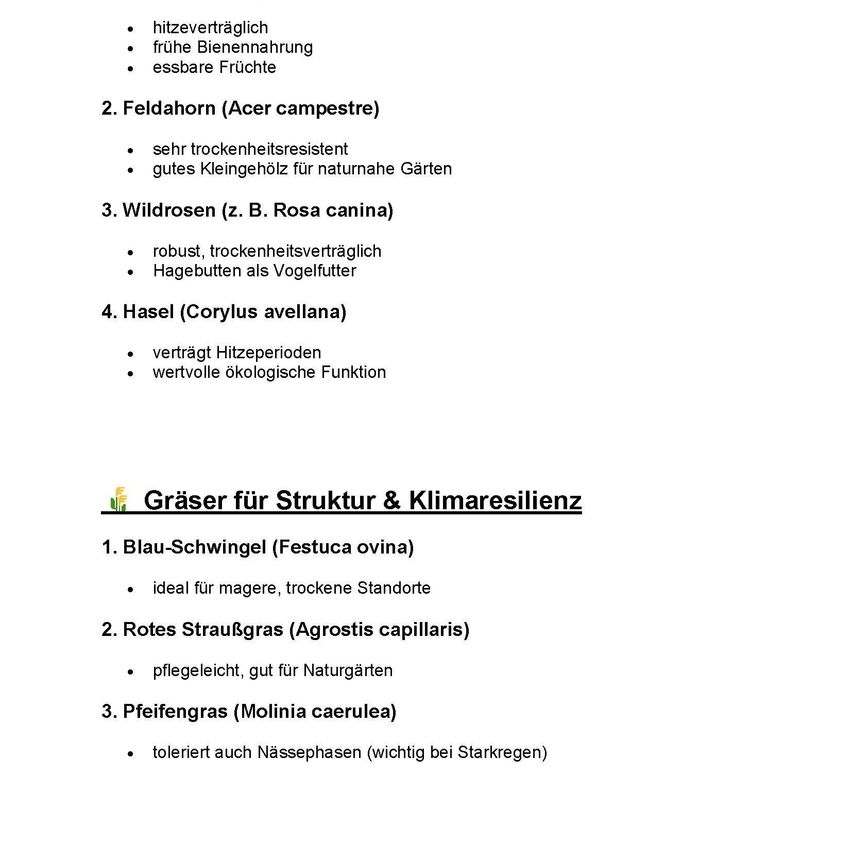 Liste empfohlener Pflanzen für einen Naturgarten. Erstens, eine hitzeverträgliche, früh blühende Pflanze mit essbaren Früchten. Zweitens, eine dürretolerante Pflanze mit kleinem Holz für nahe Gärten. Drittens, eine robuste, dürretolerante Pflanze mit Hagebutten als Vogelfutter. Viertens, eine Pflanze mit Pollenzeit und ökologischer Funktion.