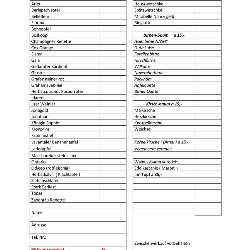 Das Bild zeigt eine Tabelle mit Namen verschiedener Tierrassen. Kategorien umfassen Bienentypen, Pferderassen und Vogelarten. Bemerkenswerte Einträge sind Bienen-baum a 15-Asiatische Biene NASHY, Gute Luise, Forellenbirne, Hirschbirne und Williams. Ein weiterer Abschnitt listet Namen für Bienenarten wie Kirsch-baum a 15-, Maikirsch, Herzkirsche und Knorpellikirsch auf.