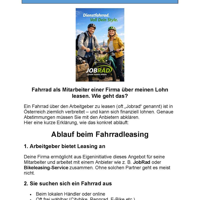 Advertisement for leasing a bicycle from an employer. It explains how it works. The process involves the employer offering leasing and financial agreements with the employee. It also mentions searching for a bike at local dealers or online.