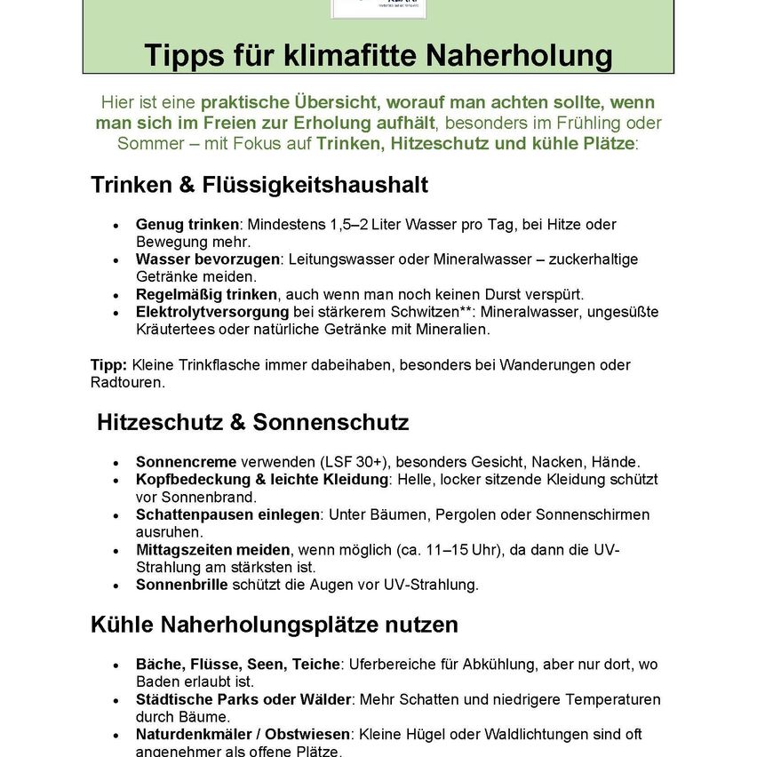 The image contains practical tips for climate-friendly recreation, focusing on drinking, sun protection, and cool resting places. Tips include drinking enough water, using sun cream, and finding shaded areas. The image suggests staying hydrated, avoiding sugary drinks, and protecting skin from sun exposure.