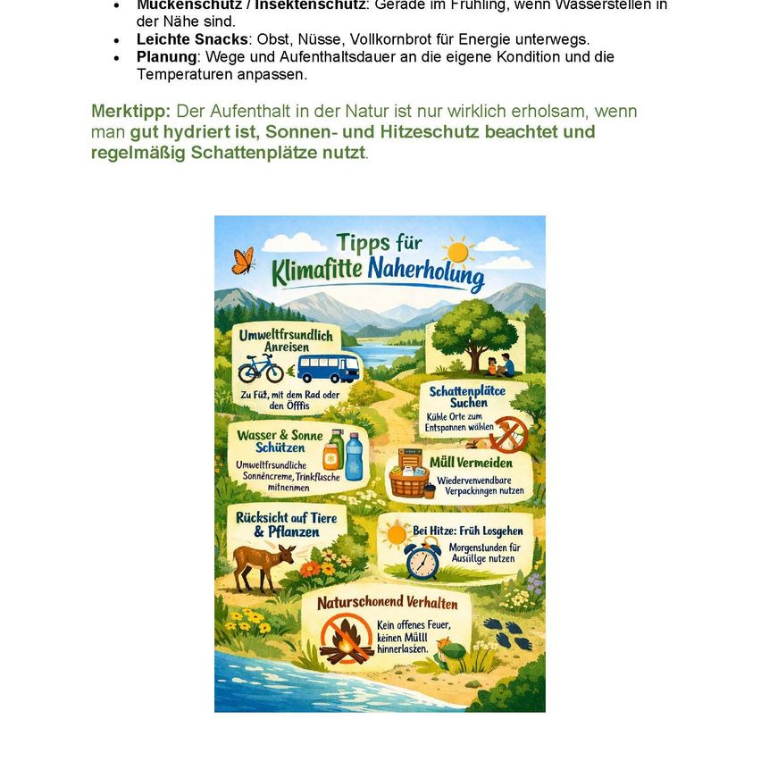 Infographic with tips for climate-friendly recreation. It emphasizes hydration, sun protection, shade use, and eco-friendly practices like avoiding plastic and protecting wildlife. It also advises against open fires and littering.