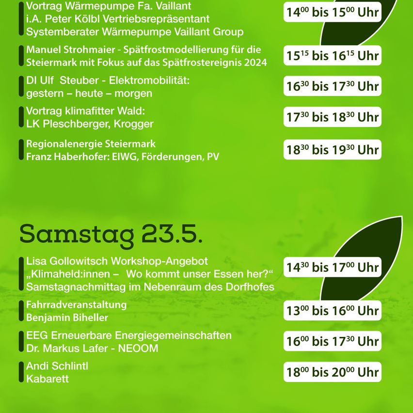 Schedule for Saturday, May 23. Workshop by Lisa Gollowitsch on climate-friendly food. Saturday evening in the annex of the courtyard. Bike event by Benjamin Biheller. Renewable energy cooperatives by Dr. Markus Lafer. Cabaret by Andi Schintl.