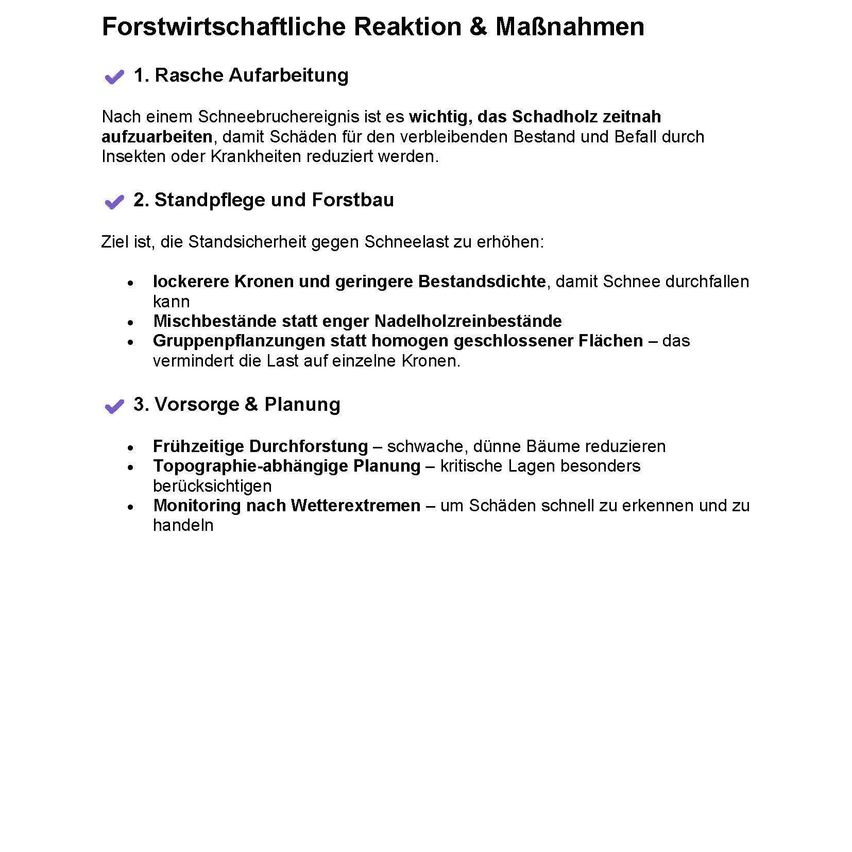 Das Bild zeigt eine Liste von zukunftsorientierten Maßnahmen für die Waldbewirtschaftung. Erstens wird die Bedeutung schneller Maßnahmen nach einem Schneebruch hervorgehoben, um weitere Schäden zu verhindern. Zweitens wird auf die Notwendigkeit von Pflege und Rückschnitt zur Verbesserung der Stabilität gegen Schneelasten hingewiesen. Drittens werden Maßnahmen wie selektives Auslichten, gemischte Bepflanzungen und Überwachung von Wetterextremen vorgeschlagen.