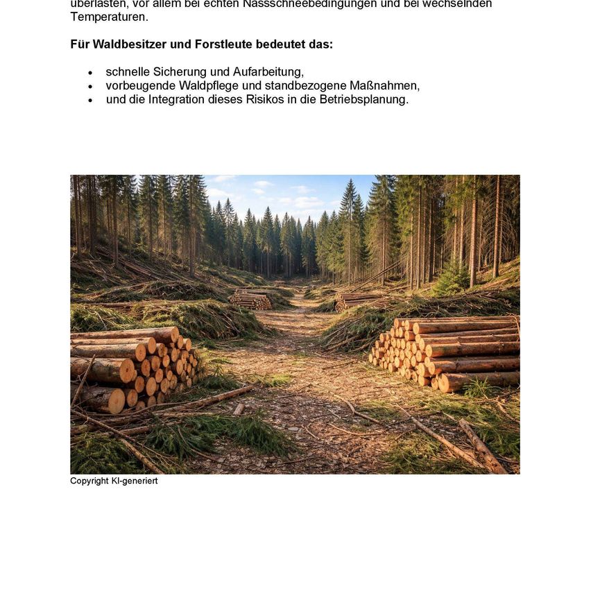 Ein Waldweg mit gestapelten Holzbalken auf beiden Seiten, umgeben von dichten Bäumen. Der Weg sieht nass aus, mit etwas Gras und Ästen auf dem Boden. Das Bild hat einen Wasserzeichen im unteren linken Eck.