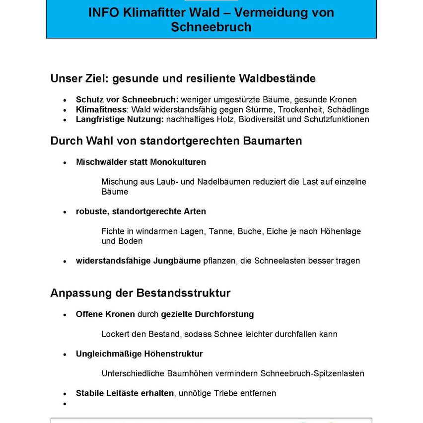 Das Bild ist ein Leitfaden für nachhaltige Forstwirtschaft, der gesunde und widerstandsfähige Waldbestände betont. Es hebt die Vermeidung von Schneebruch, Klimafitness und langfristige Vorteile hervor. Es empfiehlt die Verwendung von Mischwäldern anstelle von Monokulturen und die Auswahl von Baumarten, die für das lokale Klima und den Boden geeignet sind.