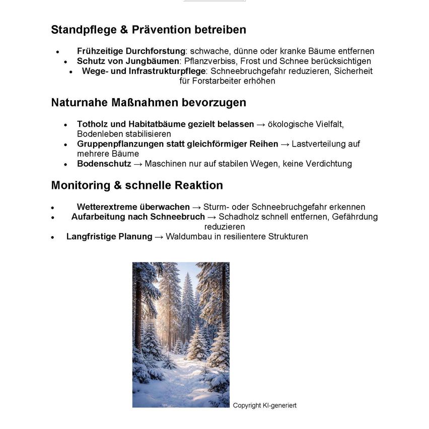 Das Bild zeigt Richtlinien für die Waldbewirtschaftung, die die Bedeutung von Pflege und Prävention hervorheben. Es beinhaltet das Entfernen schwacher Bäume, den Schutz junger Bäume und die Reduzierung von schneebedingten Risiken. Es betont auch die Vorliebe für natürliche Maßnahmen, Überwachung und schnelle Reaktion. Ein verschneiter Wald ist abgebildet.