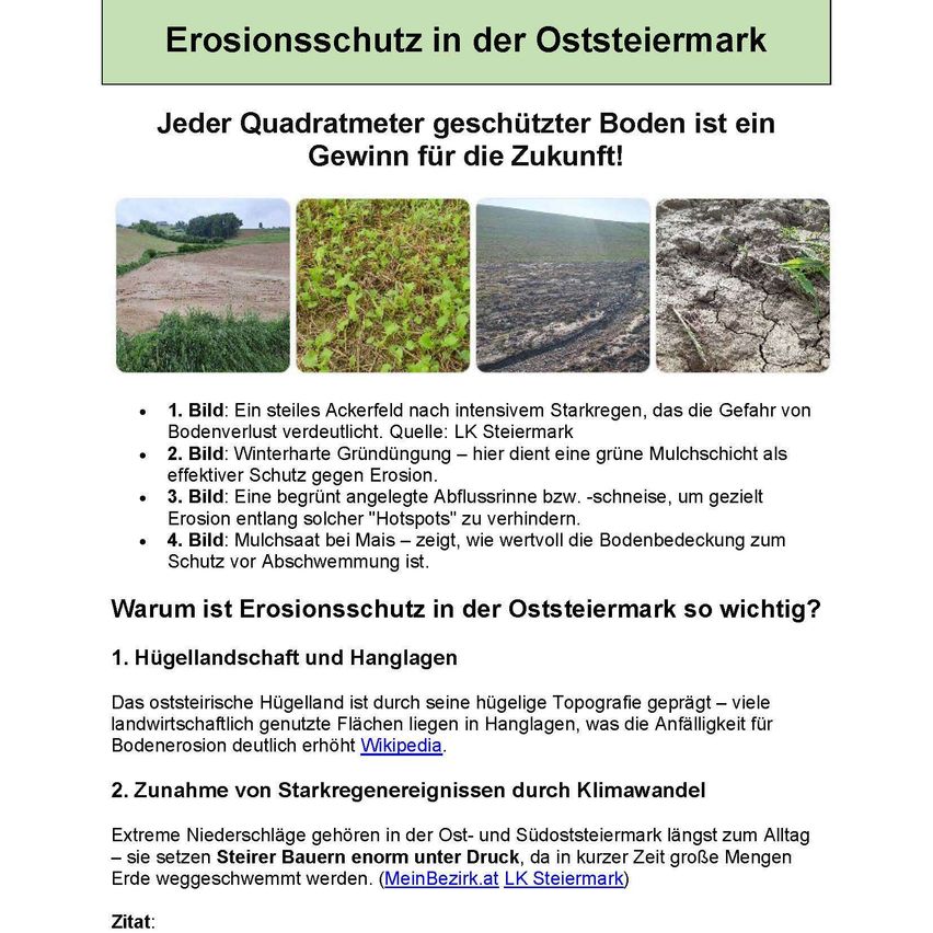 Das Bild zeigt eine Informationsgrafik über Erosionsschutz in Oststeiermark, Österreich. Es betont die Bedeutung geschützten Bodens für zukünftige Gewinne. Es präsentiert vier Bilder, die Maßnahmen zum Bodenschutz und deren Vorteile veranschaulichen.