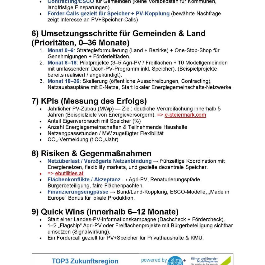 Infografik mit Umsetzungsschritten für Gemeinden und Landbesitzer, KPIs zur Erfolgsmessung, Risiko- und Maßnahmenstrategien sowie Schnellerfolgen für Solar-PV-Projekte. Beinhaltet strategische Planung, Pilotprojekte, öffentlich-private Partnerschaften und kurzfristige Initiativen.