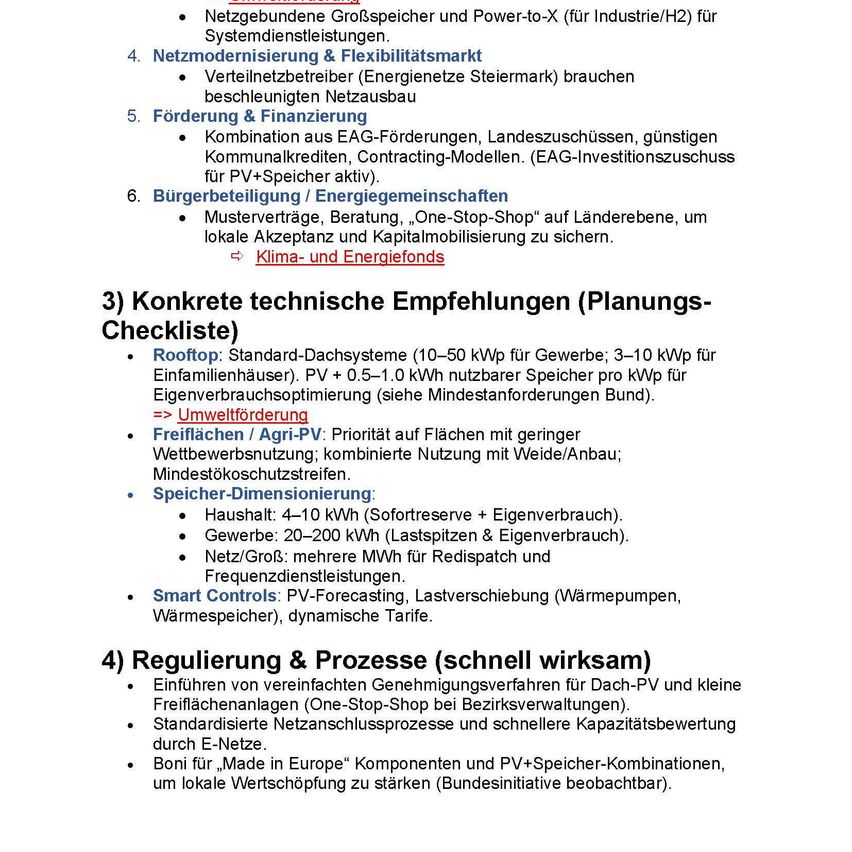 Ein Bild zeigt eine Checkliste für Solarenergie- und Energiespeichersysteme. Es enthält technische Empfehlungen, regulatorische Prozesse und Energieeffizienz. Einzelheiten umfassen Dachinstallationen, Netzflexibilität und finanzielle Anreize.