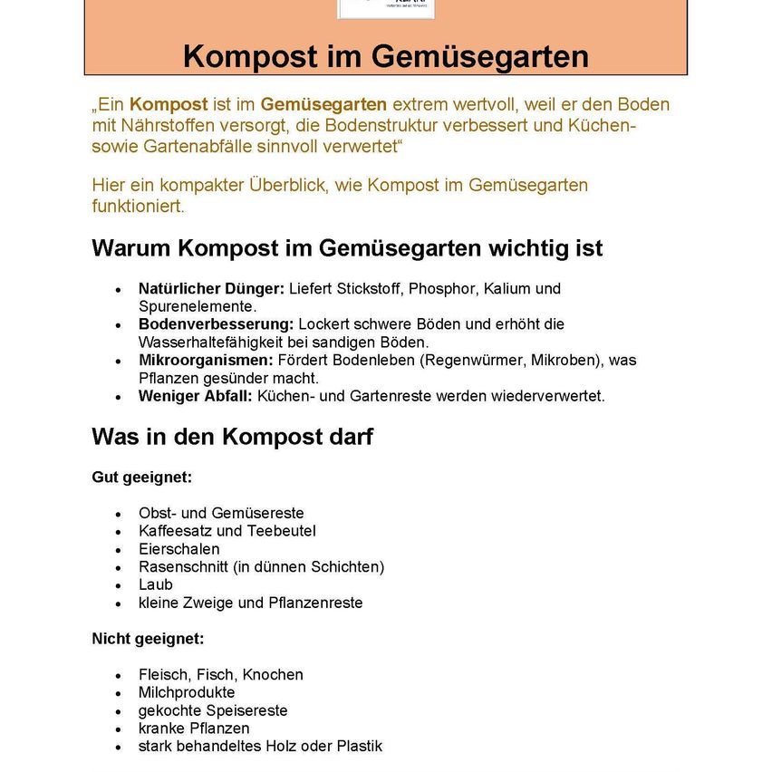 Das Bild zeigt einen Überblick über Kompost im Gemüsegarten und hebt dessen Vorteile wie Nährstoffversorgung, Verbesserung der Bodenstruktur und Abfallreduzierung hervor. Es listet geeignete Kompostmaterialien auf und warnt vor der Verwendung ungeeigneter Materialien.