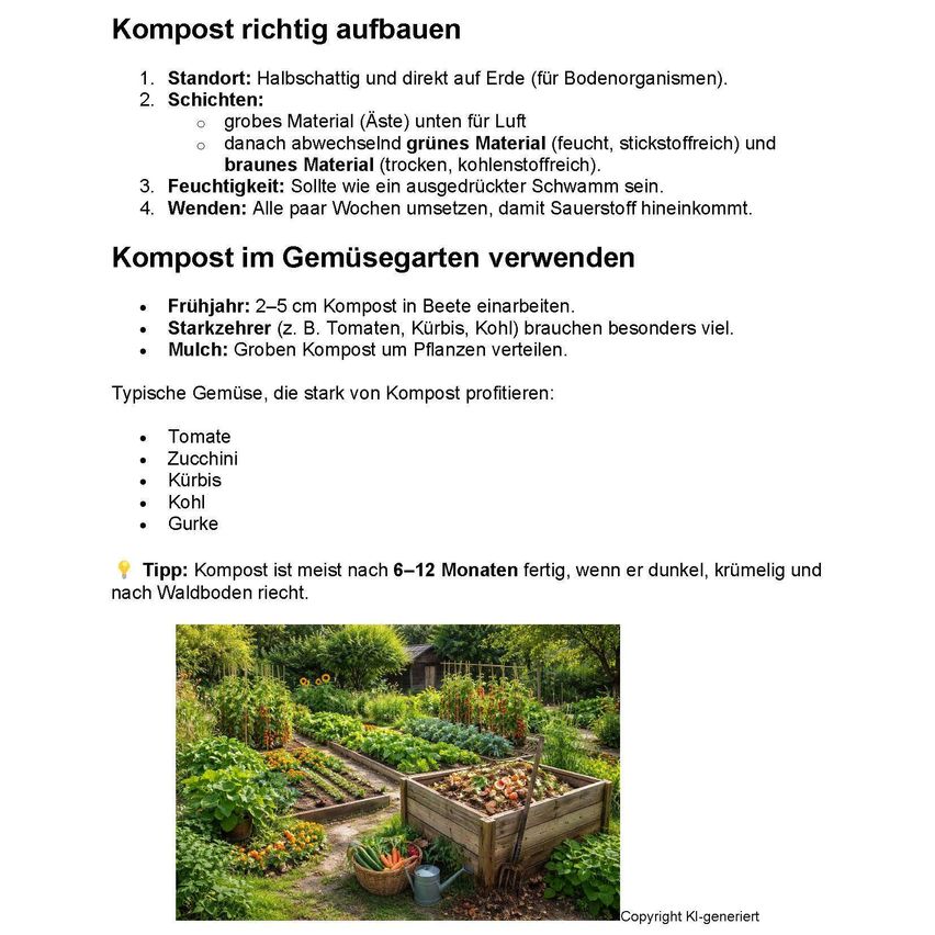 Deutscher Text über die Herstellung und Verwendung von Kompost. Die Kompostschichten bestehen aus grünen und braunen Materialien. Er sollte wie ein ausgepresster Schwamm feucht sein. Kompost wird in Gemüsegärten verwendet. Fruchtbarer Kompost ist dunkel, krümelig und forstbodenähnlich.