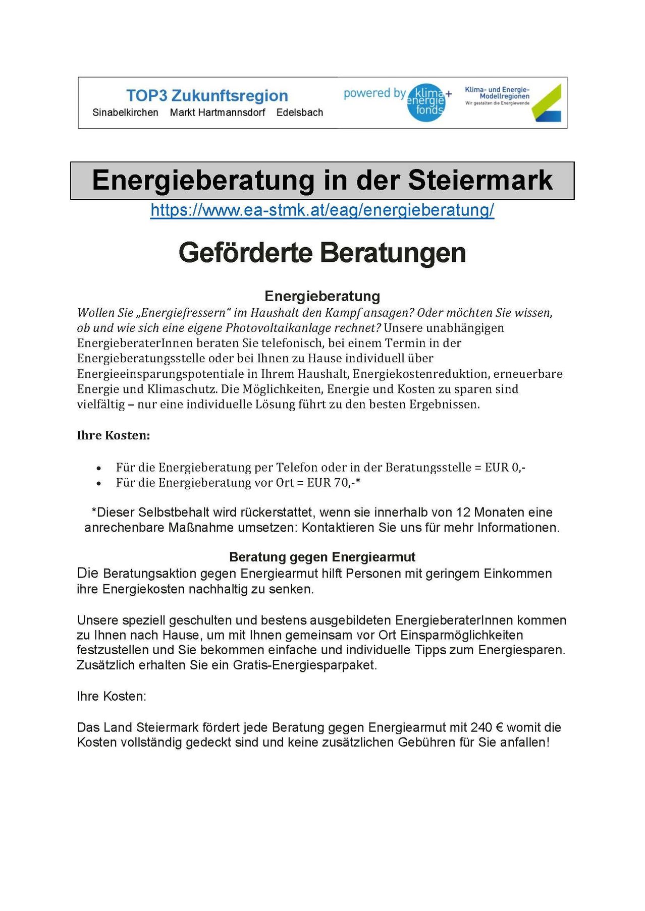 A webpage about energy consultation in Styria, Austria, offering free energy advice and home visits. It explains the benefits of energy savings, potential energy reduction, and climate protection. Costs are covered by the state.