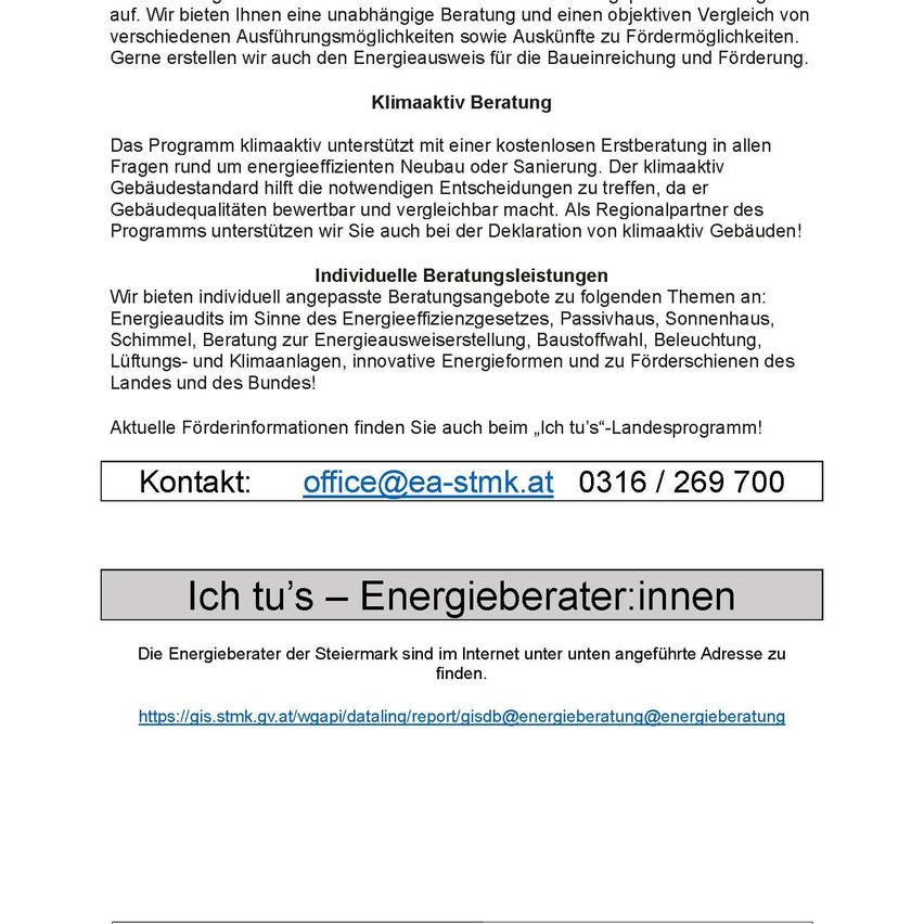 A document with information about a climate-active consultation program, individual consultation services, and contact details for energy operators in Styria.