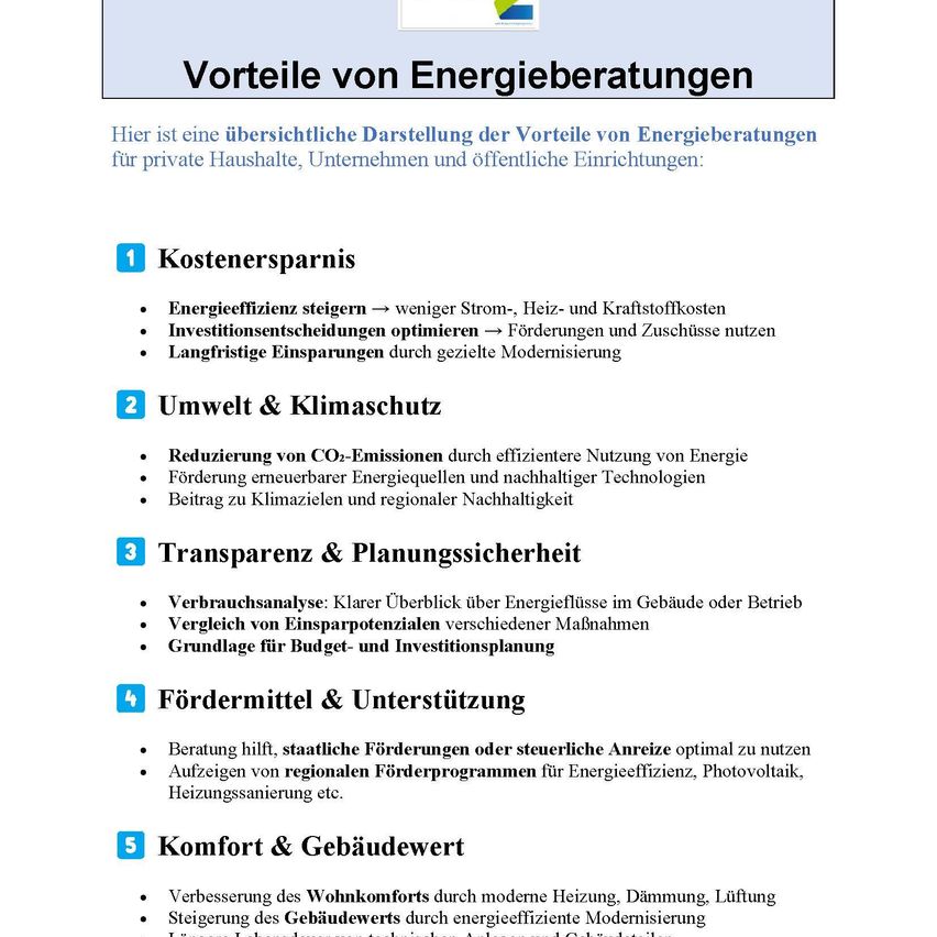 A document titled 'Vorteile von Energieberatungen' lists five benefits of energy consultations for private households, companies, and public institutions. These include cost savings, environmental and climate protection, transparency and planning security, funding and support, and comfort and building value.