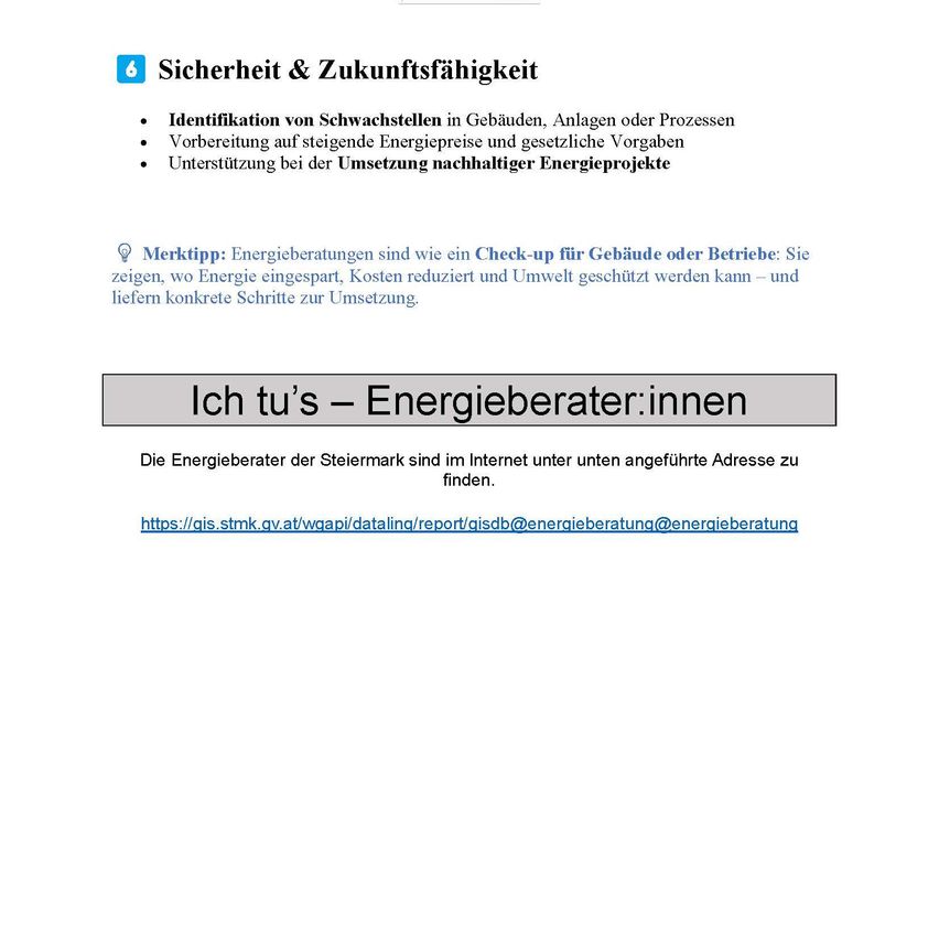 A document titled 'Security & Sustainability' lists services like identifying weak points in buildings, preparing for rising energy prices, and supporting sustainable energy projects. It also mentions an energy operator tip and provides a website link.