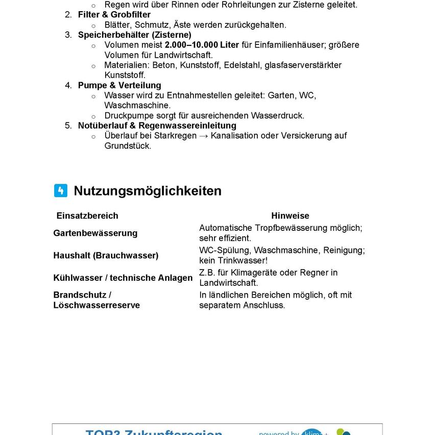 A document outlines rainwater harvesting system components, including filters, storage tanks, pumps, and distribution systems. It also discusses potential uses such as garden irrigation, household water, and cooling water.