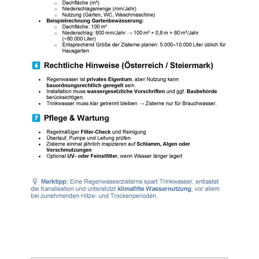 A document with instructions for rainwater harvesting in Austria, including legal notes, maintenance tips, and a calculation example for a garden irrigation system.