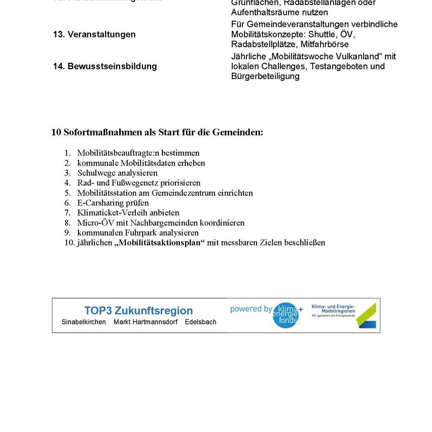 A document titled 'TOP3 Zukunftsregion' outlines 14 points for community events, including shuttle services, bike lanes, and annual mobility weeks. It also suggests immediate actions for communities, such as assessing mobility needs and setting measurable goals.