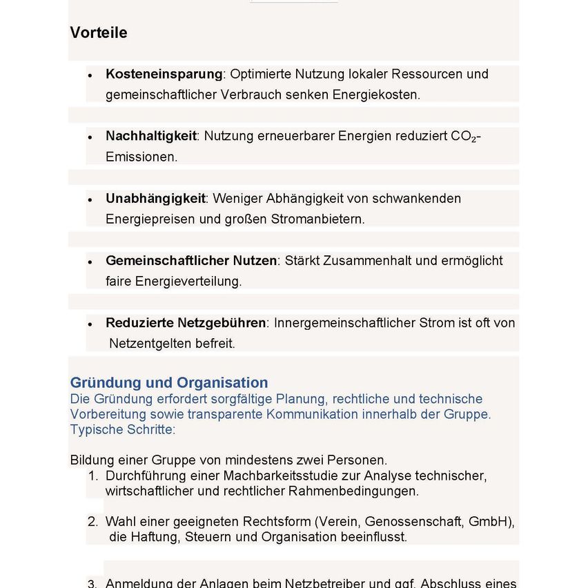 The image lists the advantages and founding process of community energy. Advantages include cost savings, sustainability, independence, community benefits, and reduced network fees. The founding process involves planning, legal and technical preparation, and transparent communication within the group. Steps include forming a group, conducting a feasibility study, choosing a legal form, and registering with the network operator.